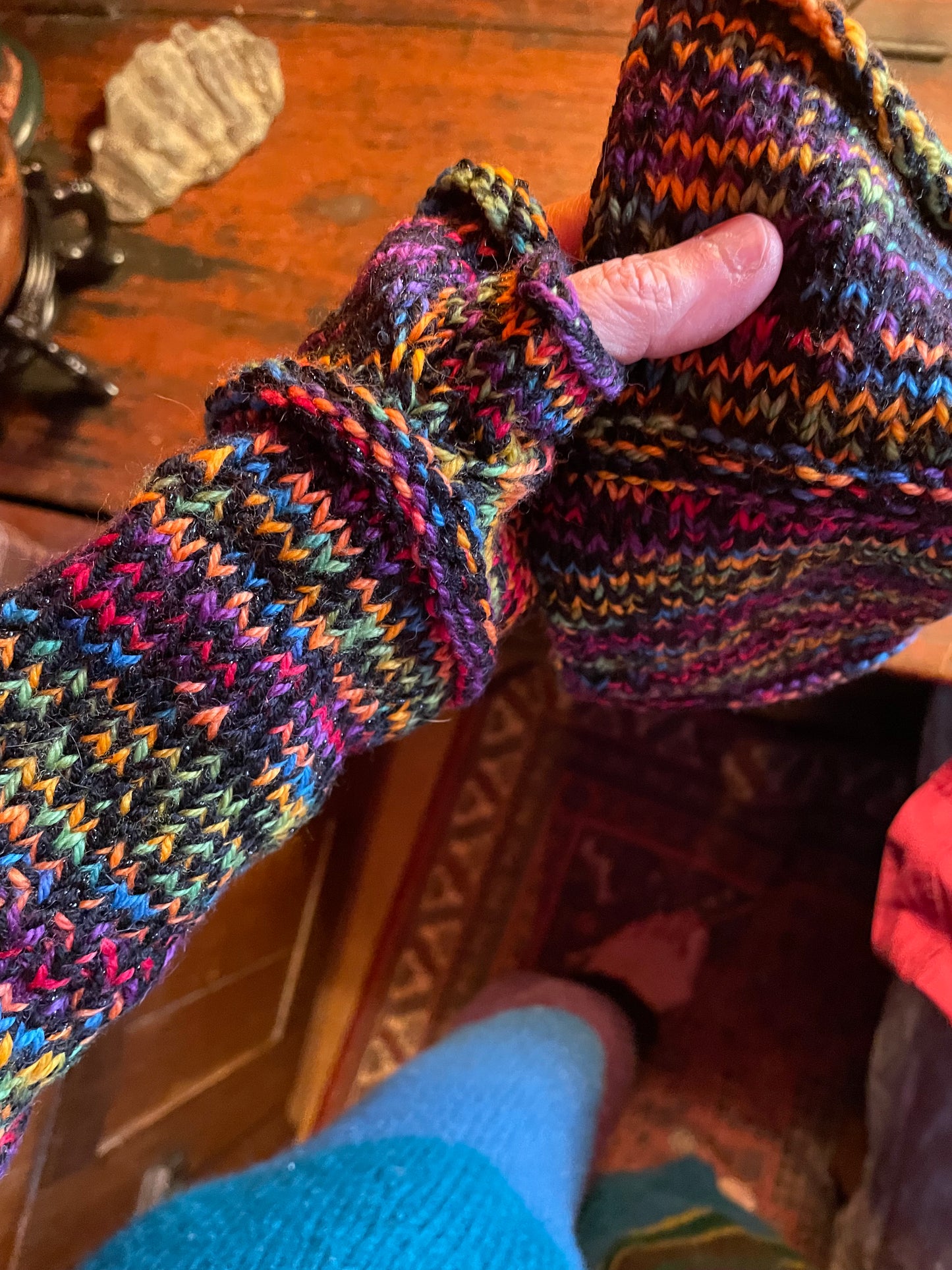 Black and rainbow fingerless gloves sz large  soft warm wool