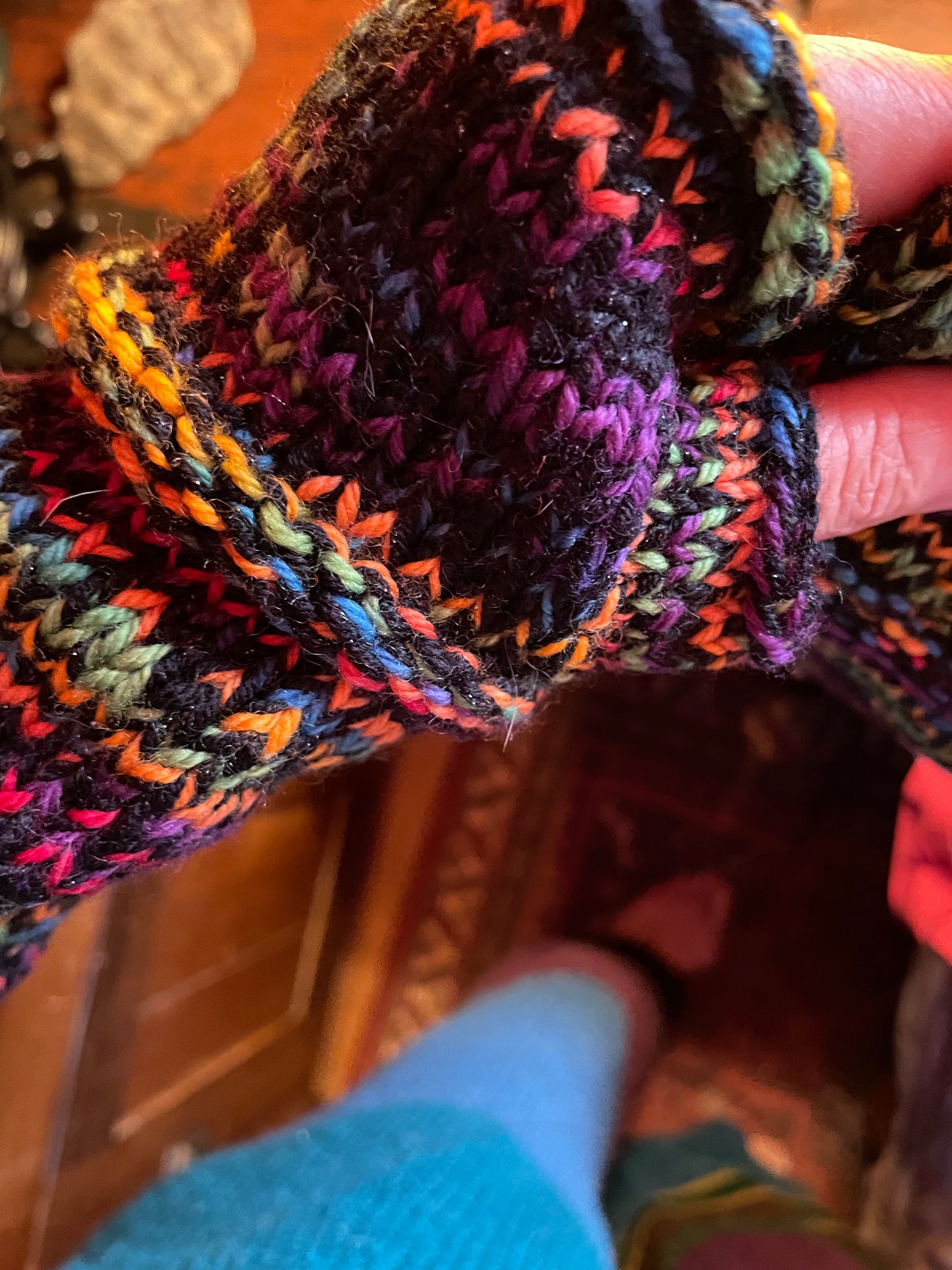 Black and rainbow fingerless gloves sz large  soft warm wool
