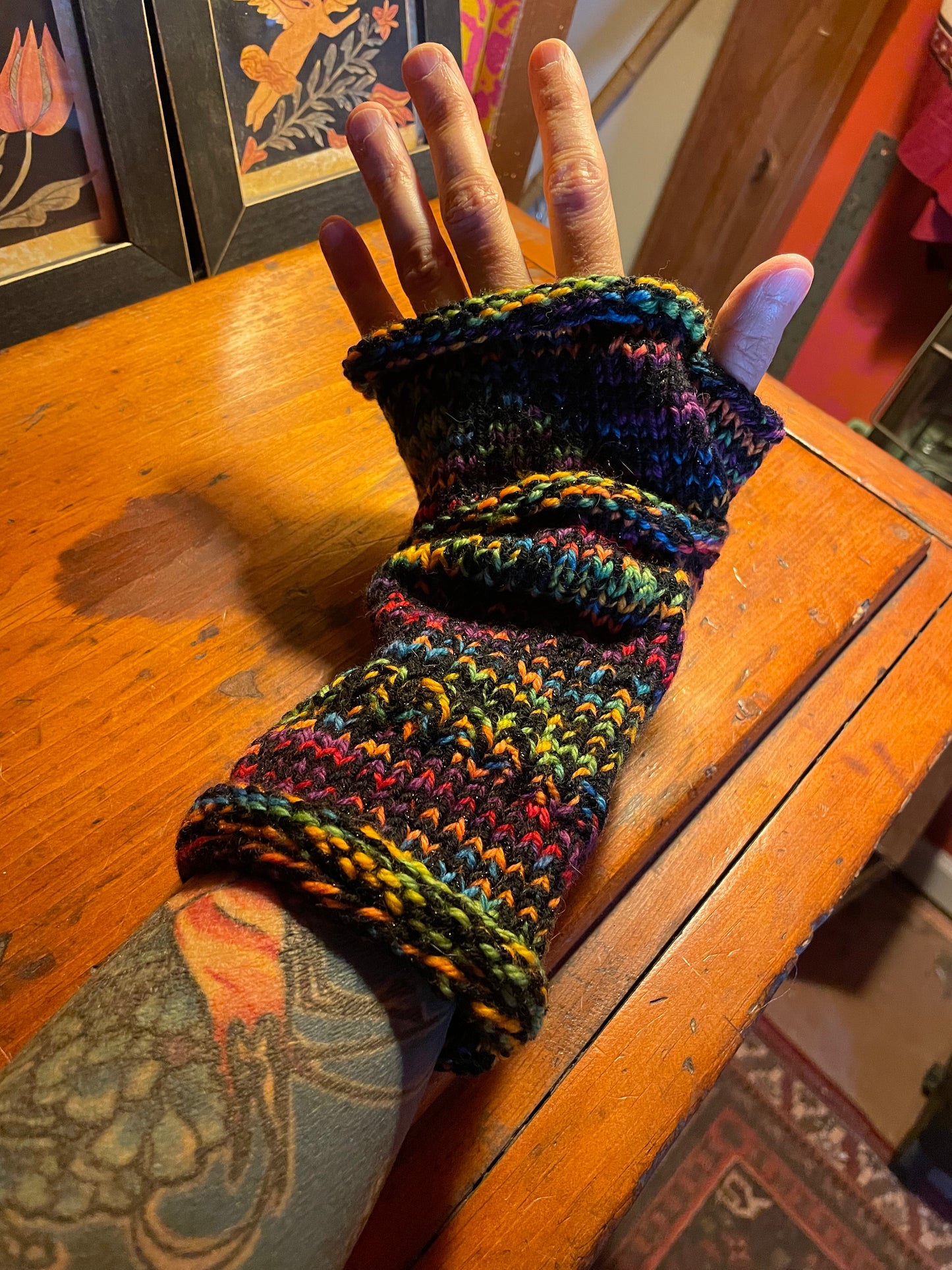 Black and rainbow fingerless gloves sz large  soft warm wool