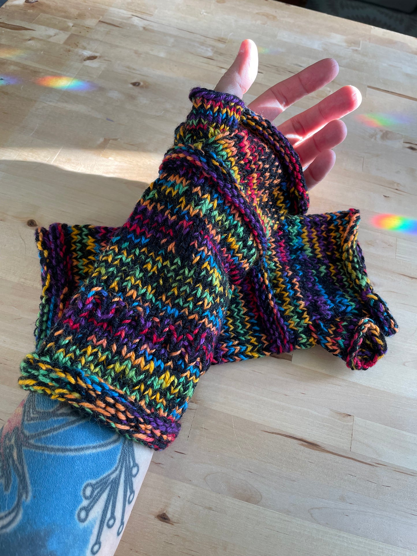 Black and rainbow fingerless gloves sz large  soft warm wool