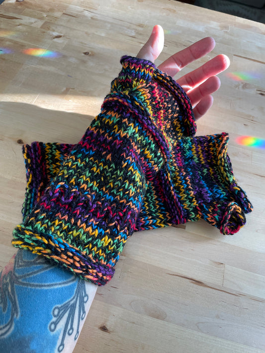 Black and rainbow fingerless gloves sz large  soft warm wool