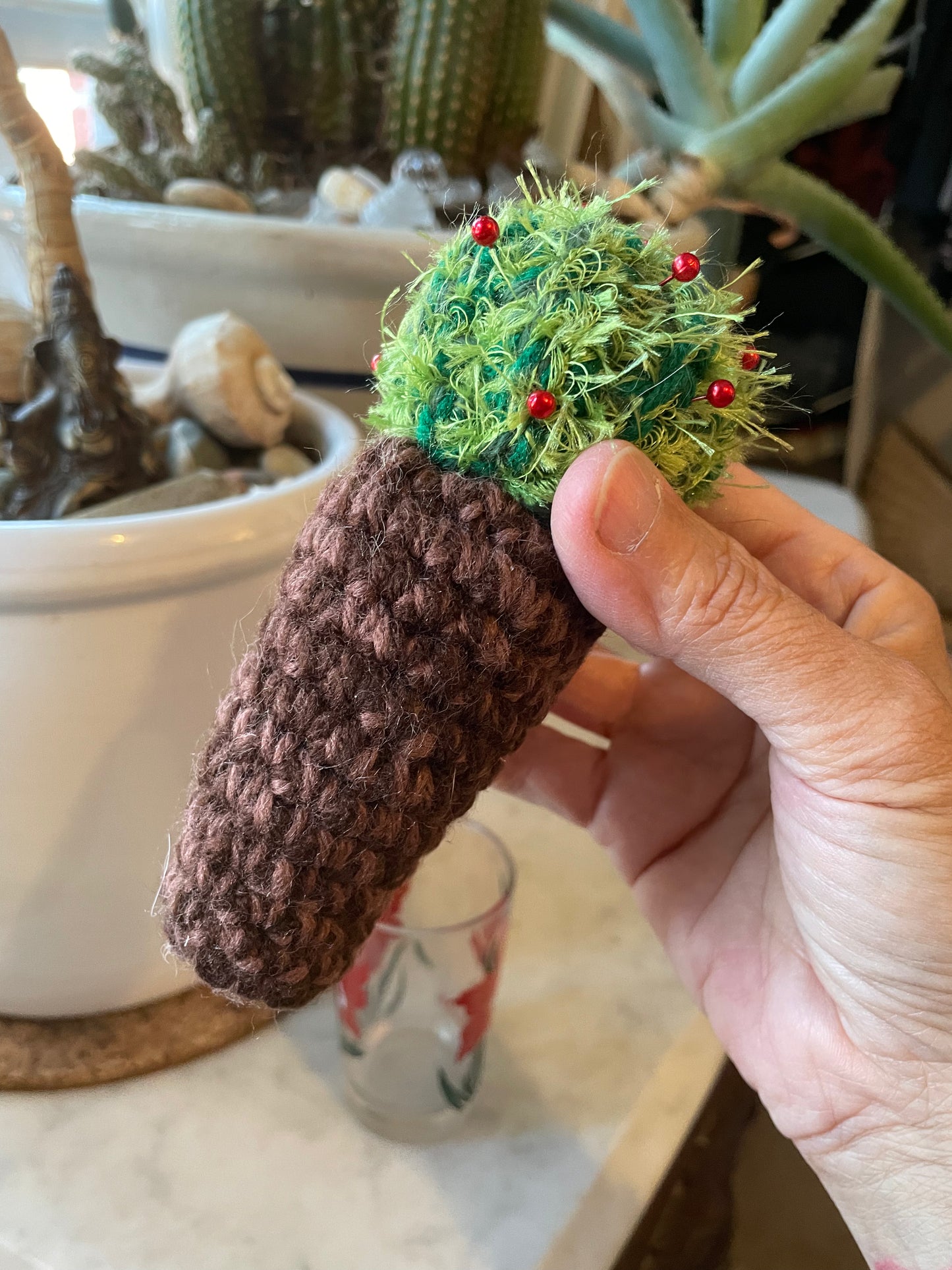 Cute little cactus pincushions in vintage jelly jar