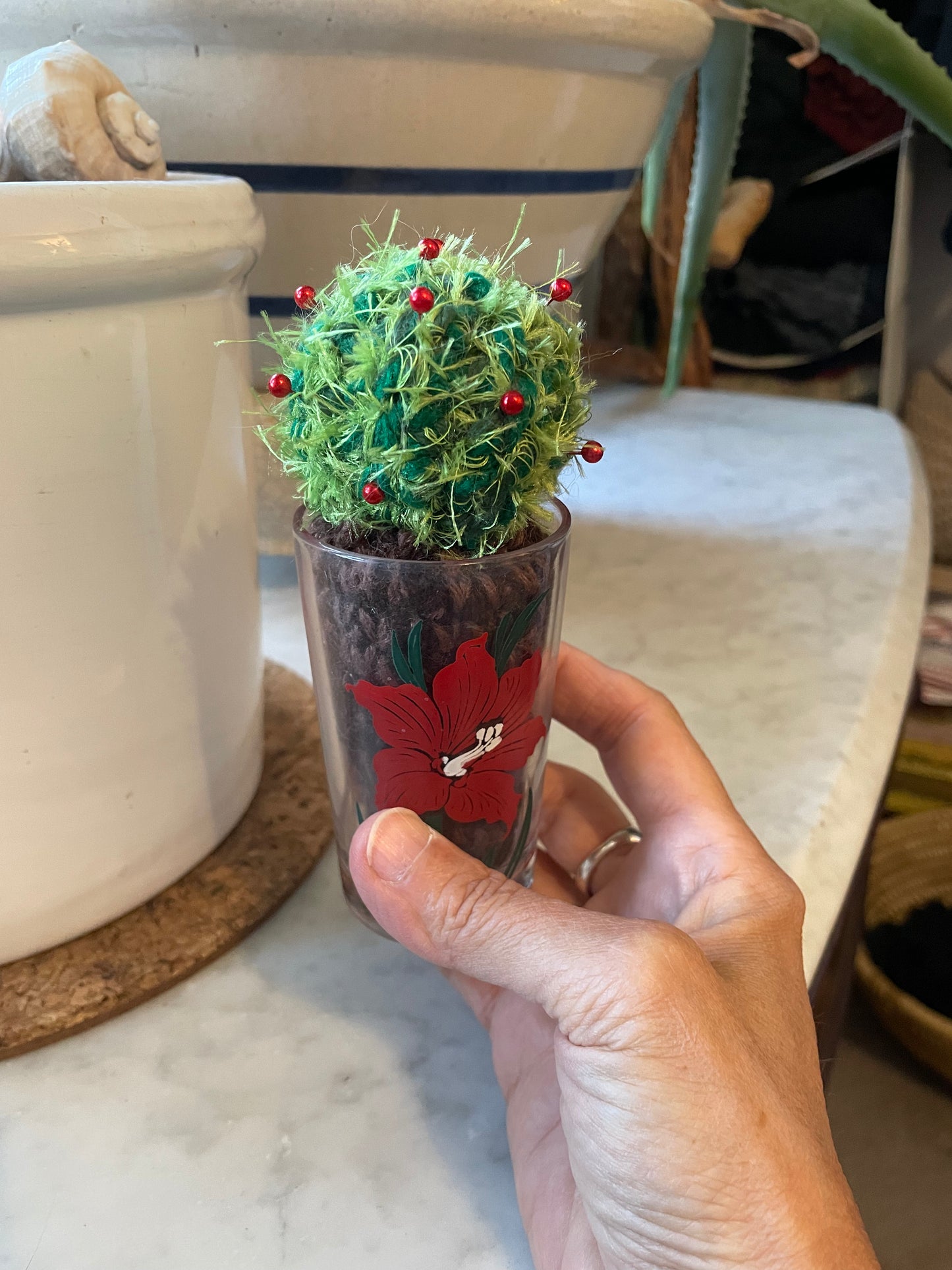 Cute little cactus pincushions in vintage jelly jar