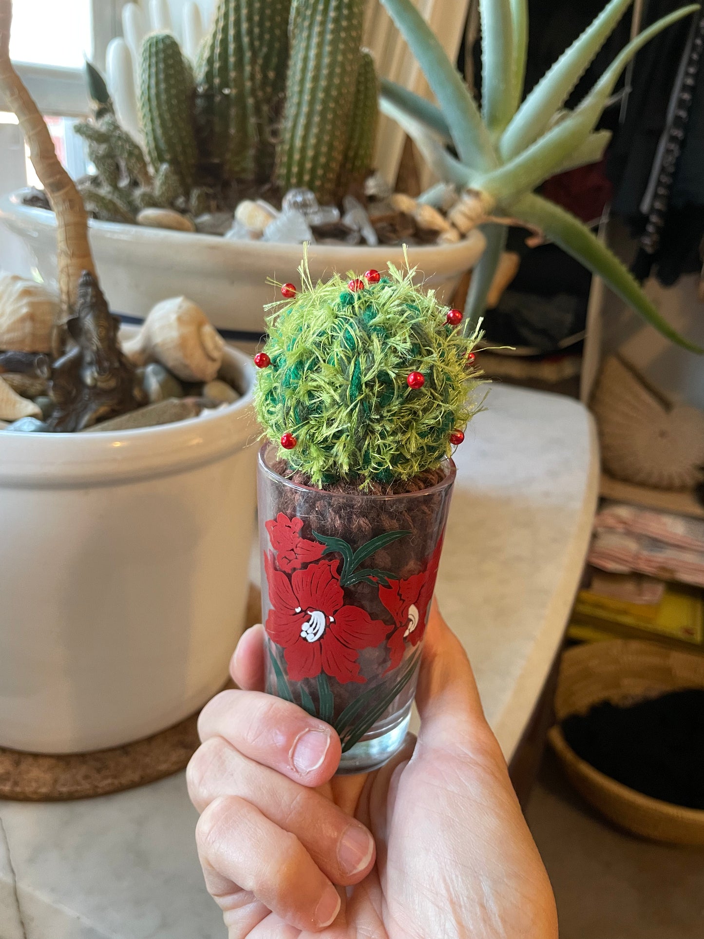 Cute little cactus pincushions in vintage jelly jar