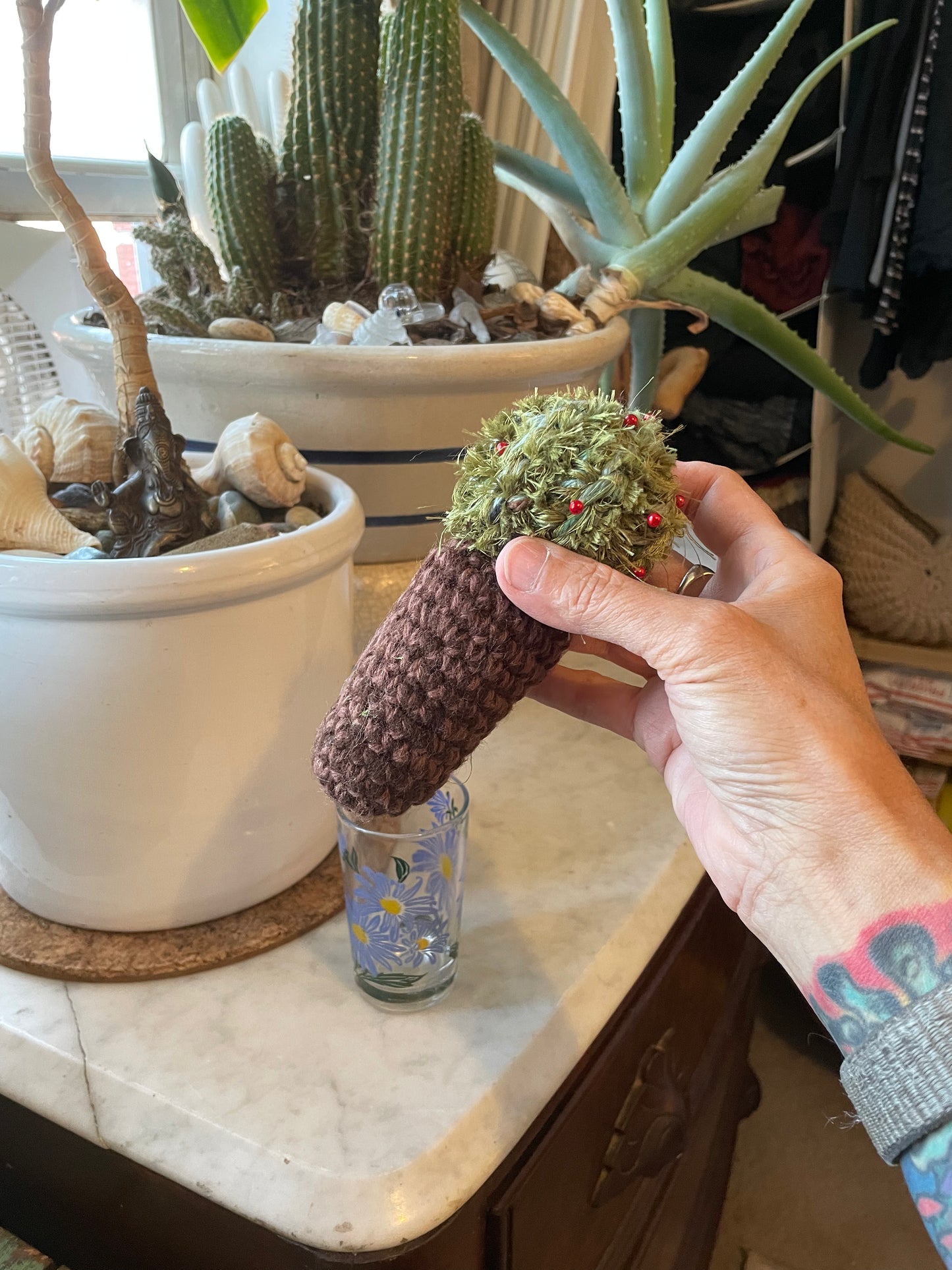 Cute little cactus pincushions in vintage jelly jar