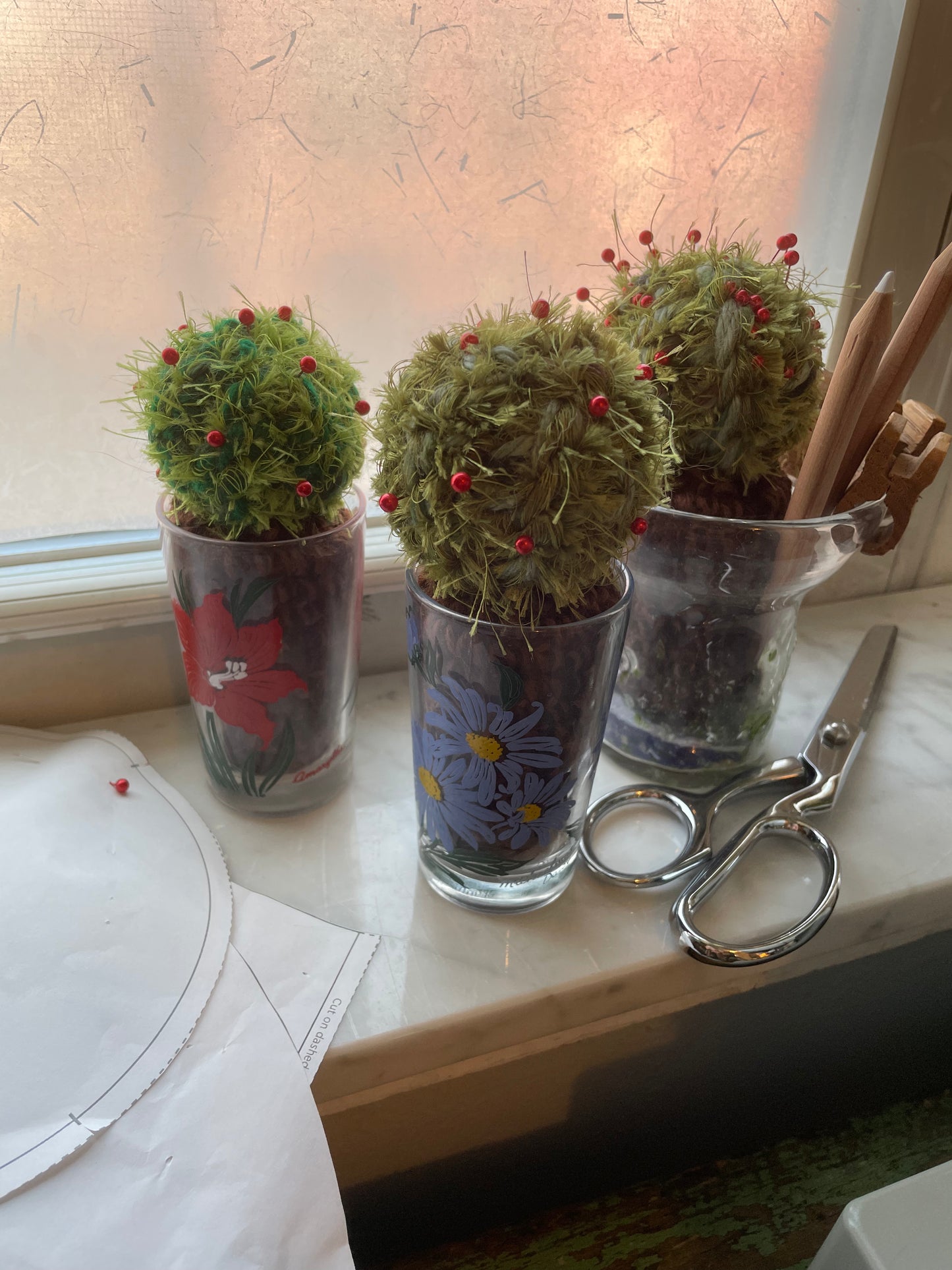 Cute little cactus pincushions in vintage jelly jar
