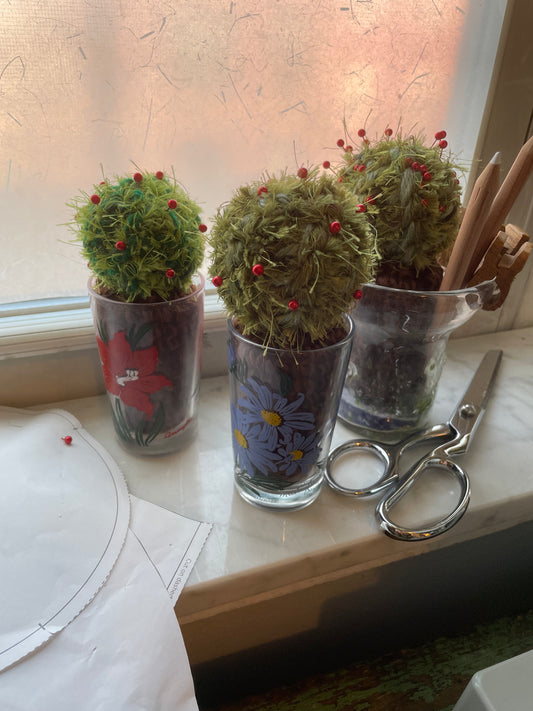 Cute little cactus pincushions in vintage jelly jar