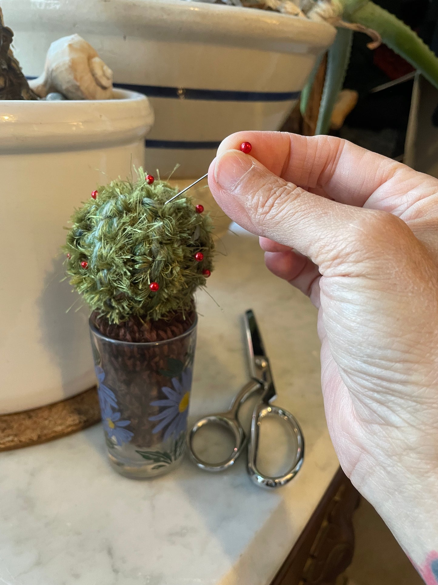 Cute little cactus pincushions in vintage jelly jar