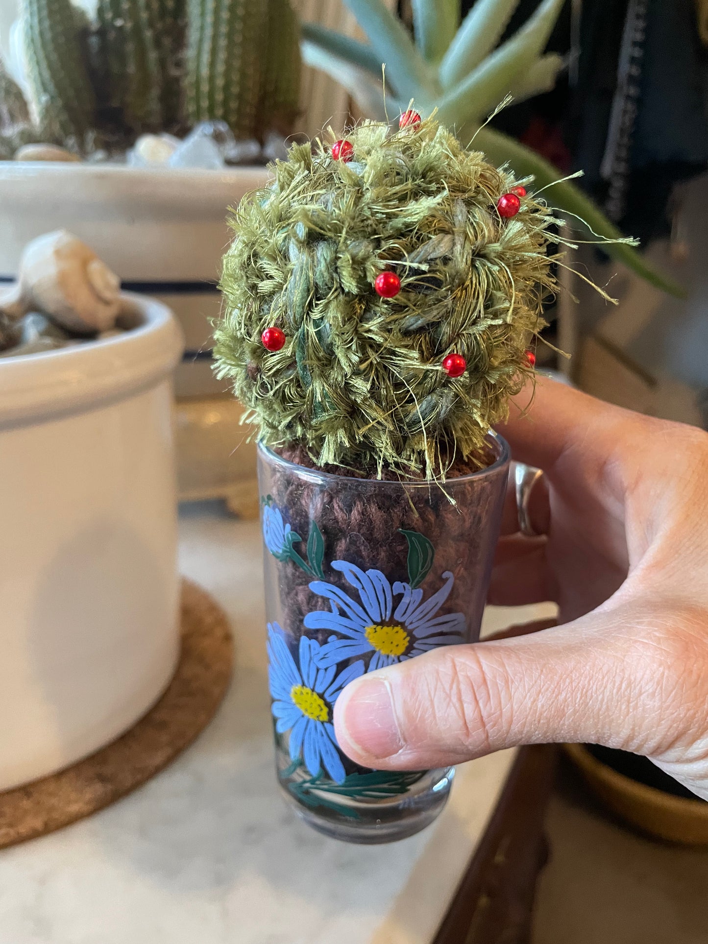 Cute little cactus pincushions in vintage jelly jar