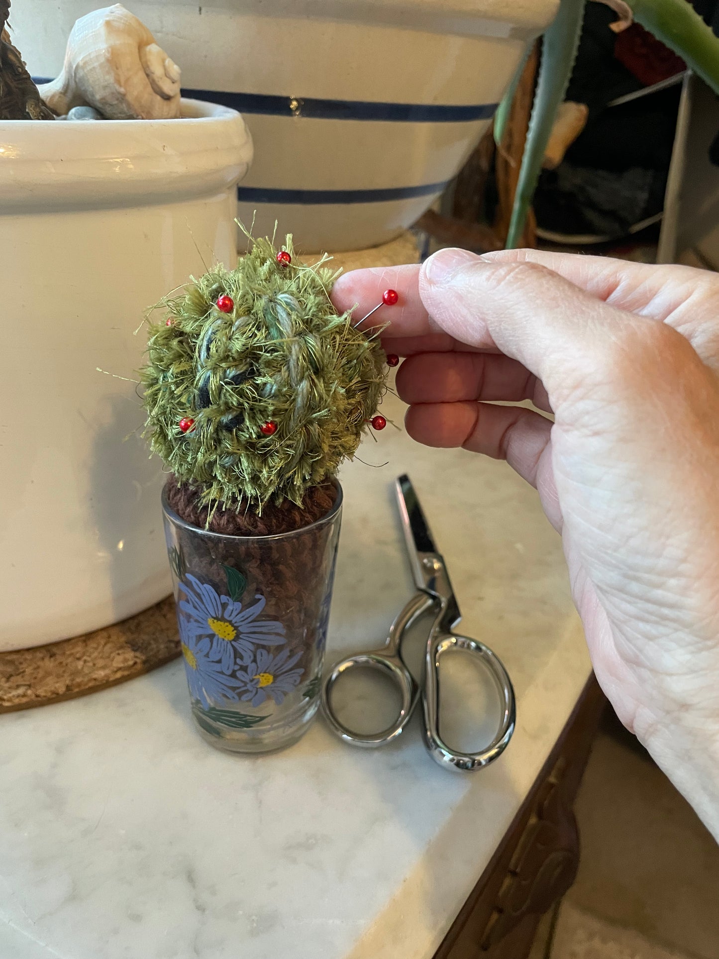 Cute little cactus pincushions in vintage jelly jar