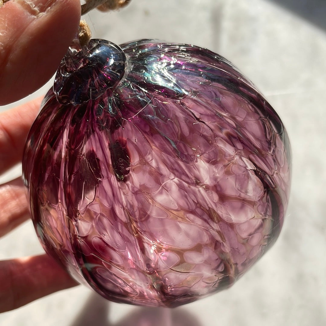 Iridescent purple ribbed Handblown glass orb with silver