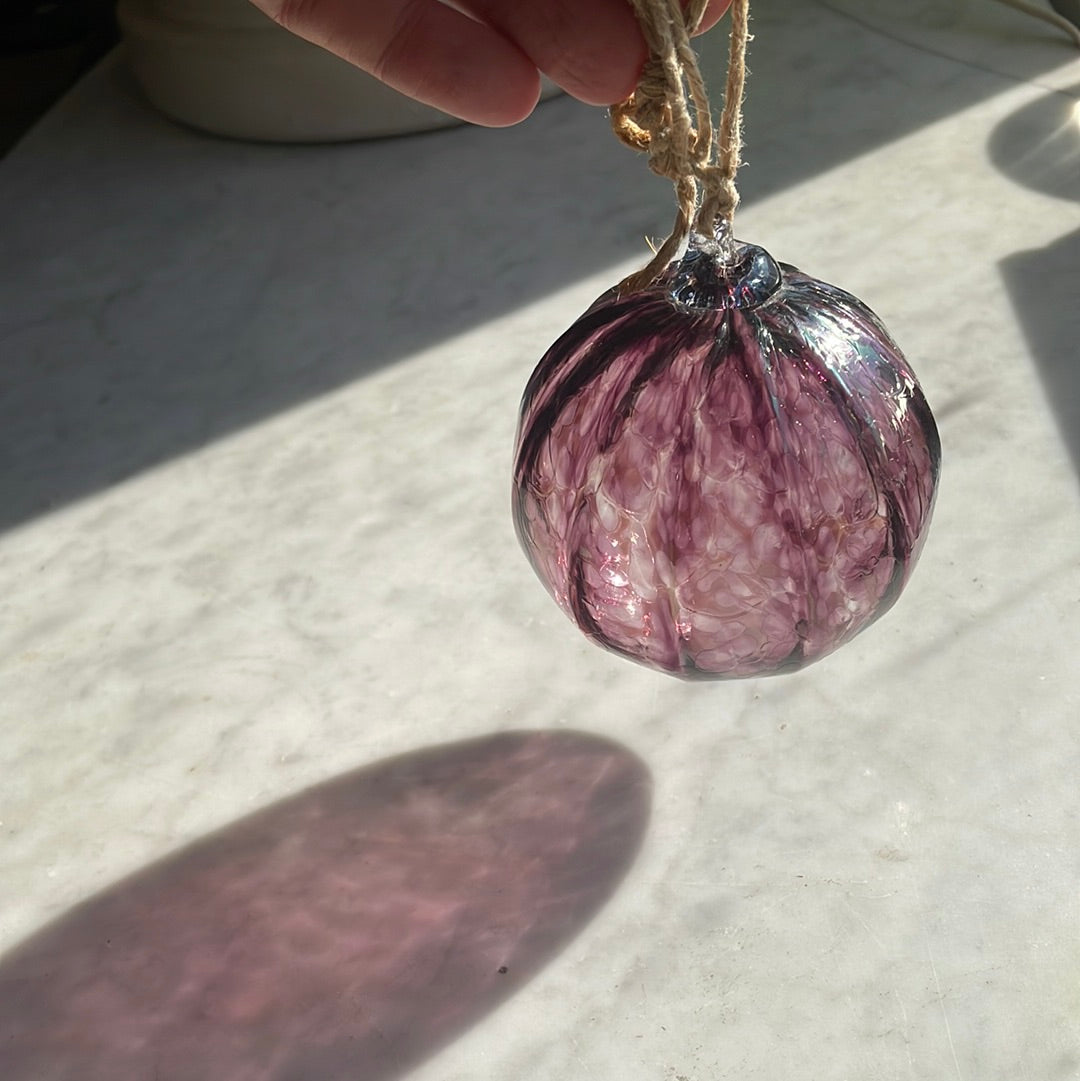 Iridescent purple ribbed Handblown glass orb with silver