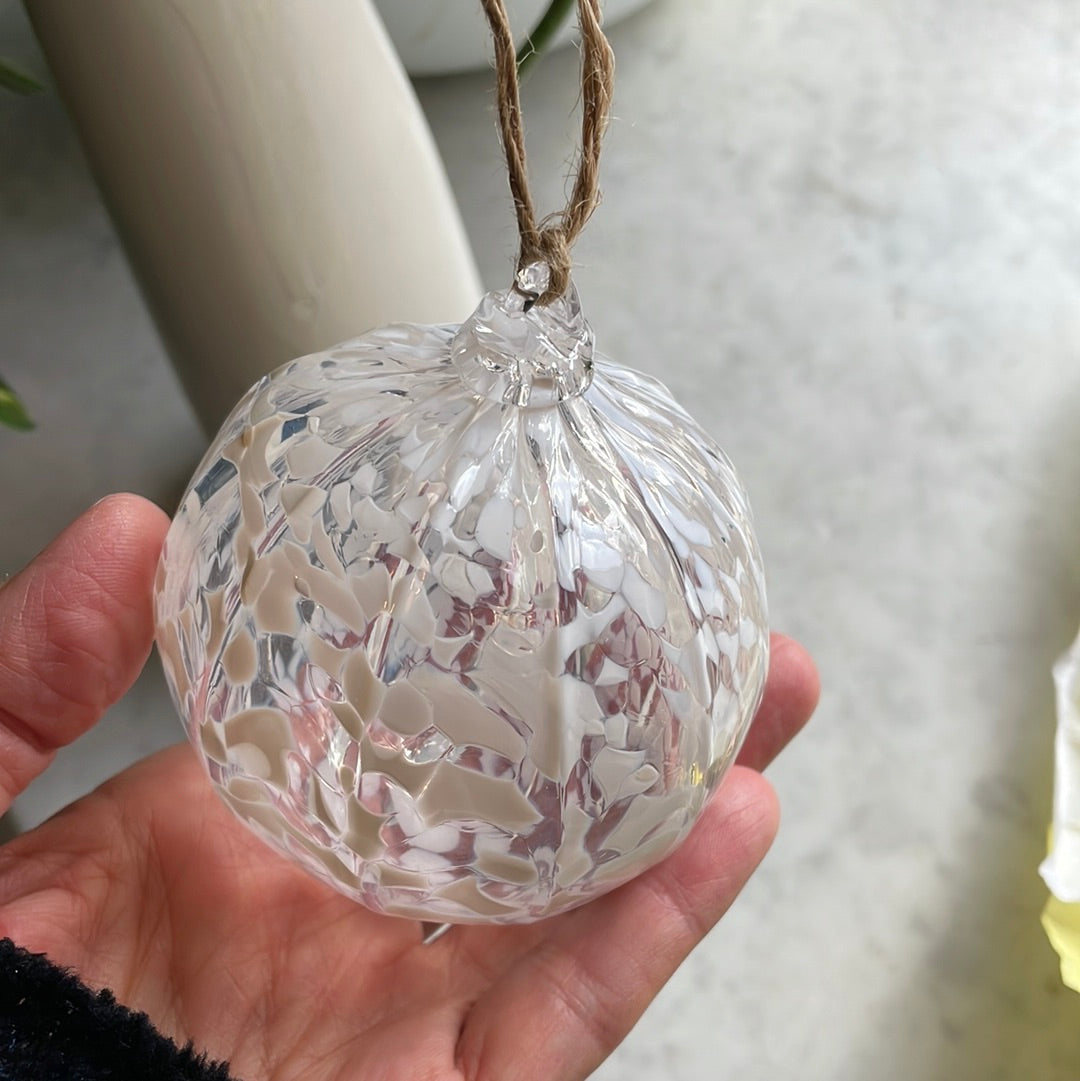 White speckled Handblown glass orb ornament