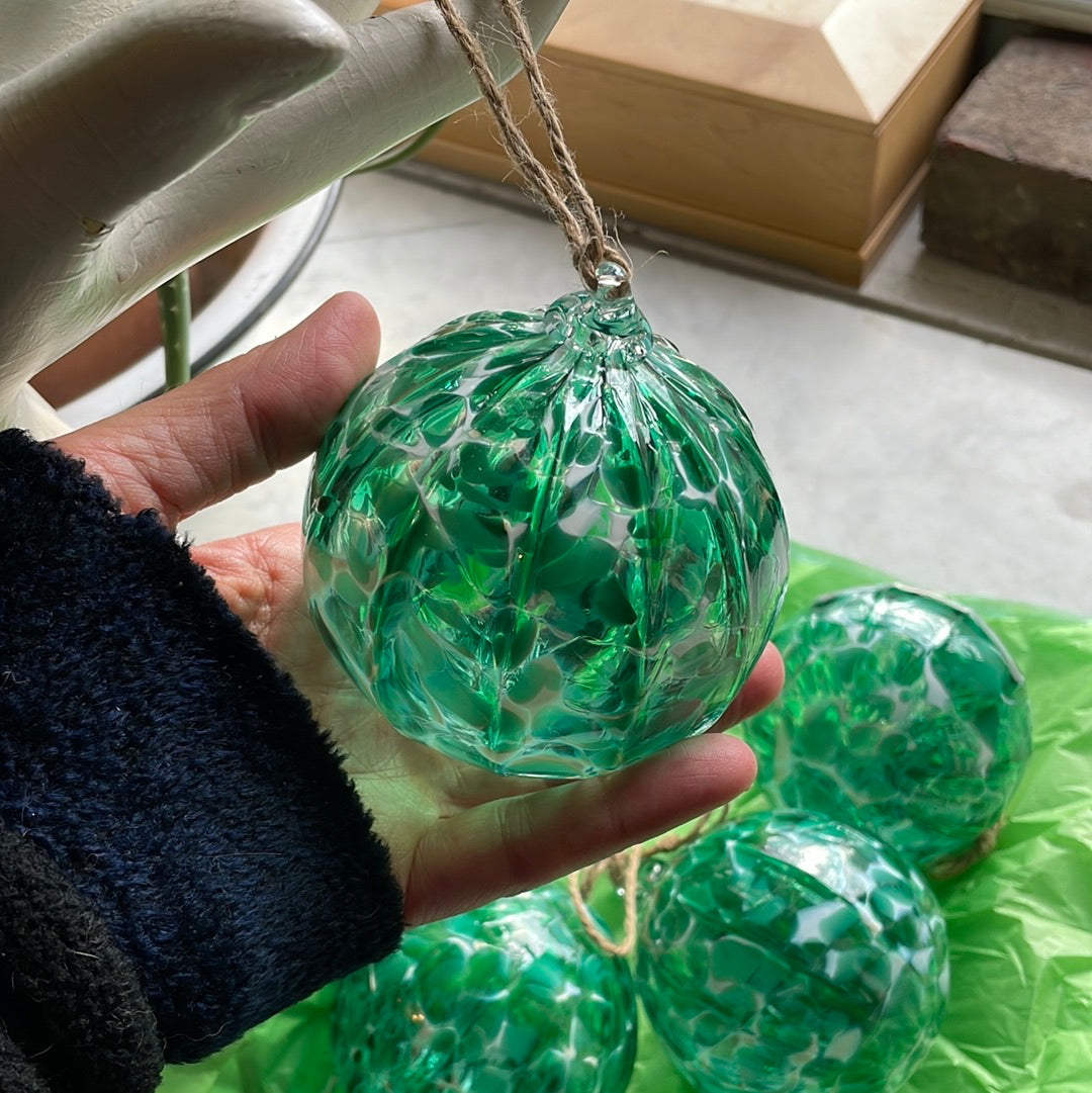 Green and white speckled Handblown glass orb ornament