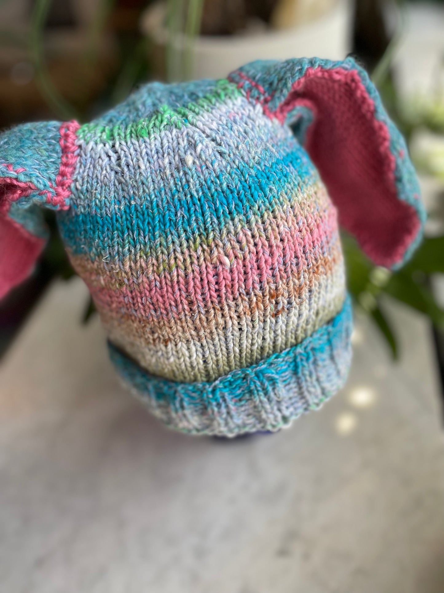 Hand knit Bunny Ears with rib trim