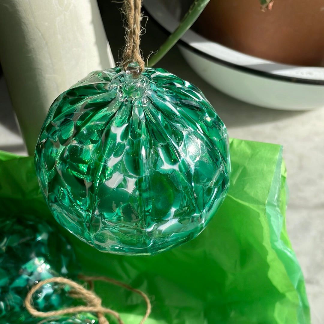 Green and white speckled Handblown glass orb ornament