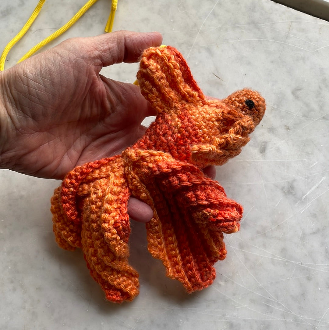 Hand crocheted fantail goldfish amigurumi toy