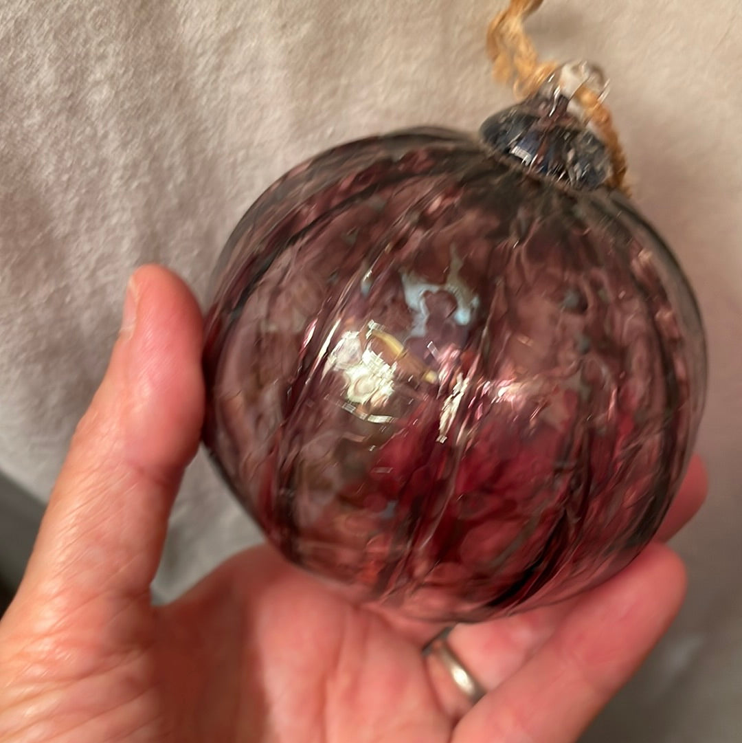 Iridescent purple ribbed Handblown glass orb with silver