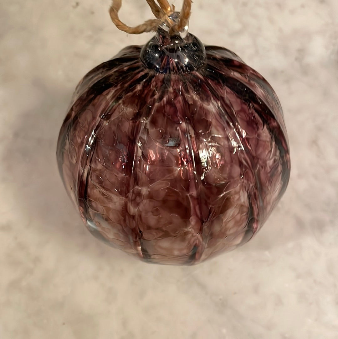 Iridescent purple ribbed Handblown glass orb with silver
