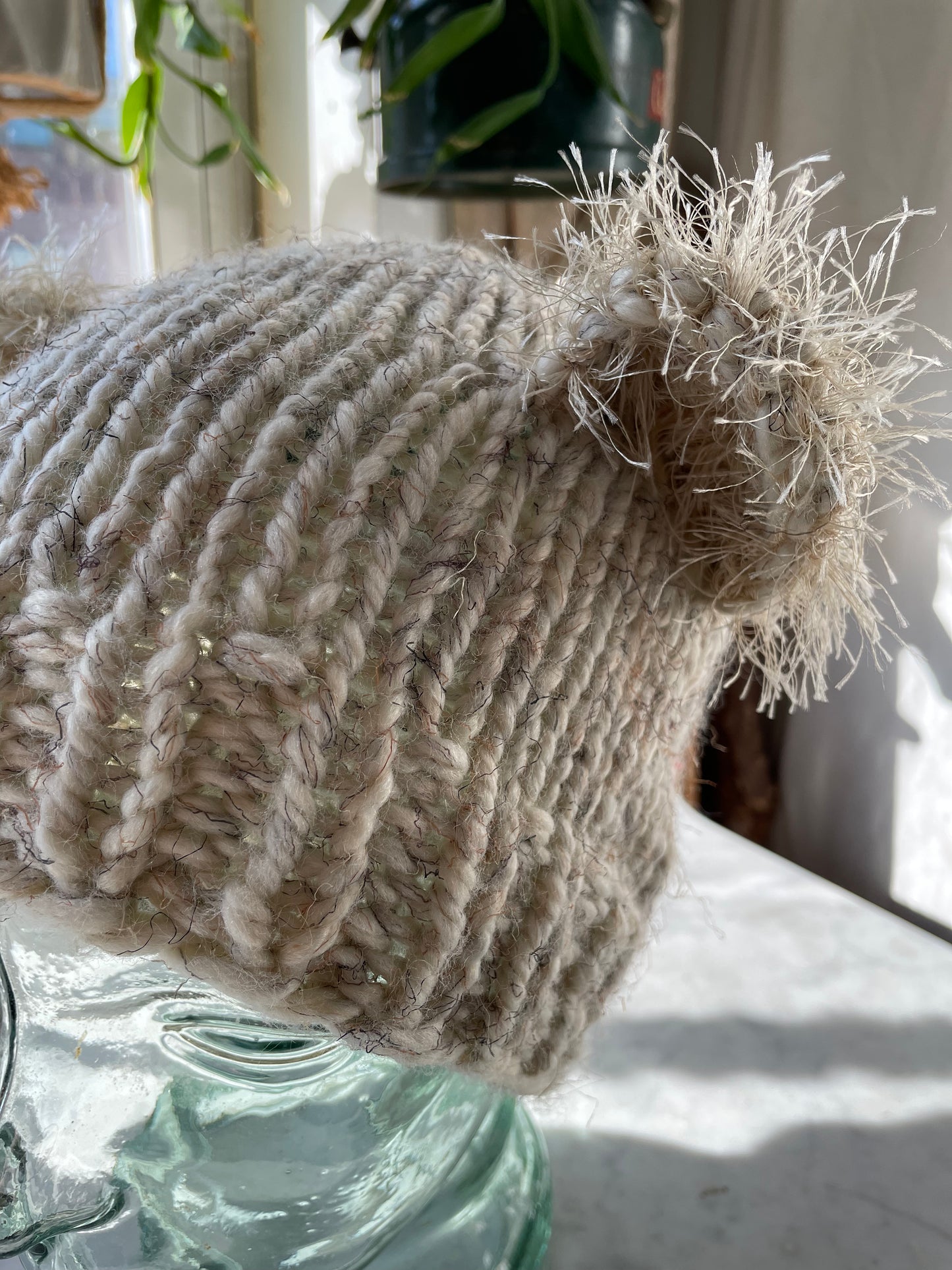 Chunky hand knit winter beanie with teddy bear ears
