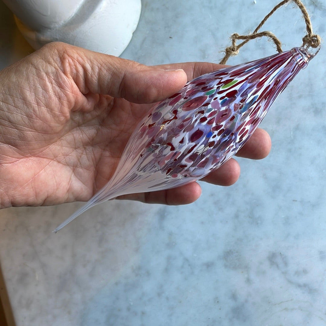 Pink and white Speckled Handblown glass finial ornament