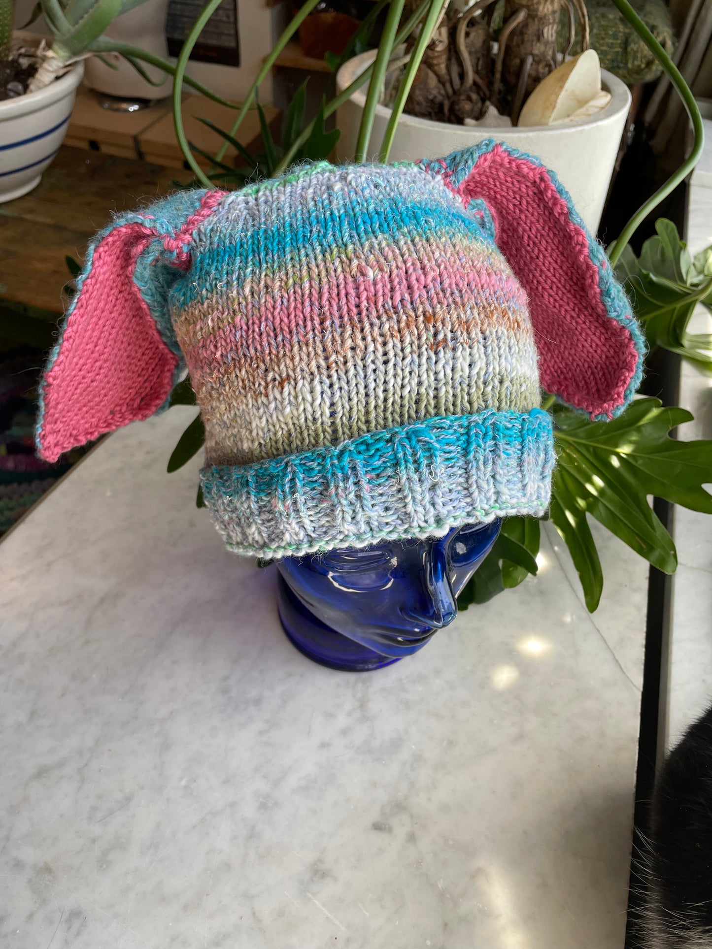 Hand knit Bunny Ears with rib trim