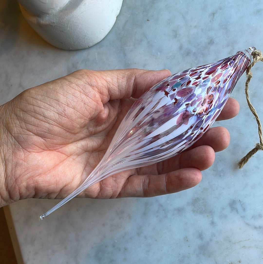 Pink and white Speckled Handblown glass finial ornament