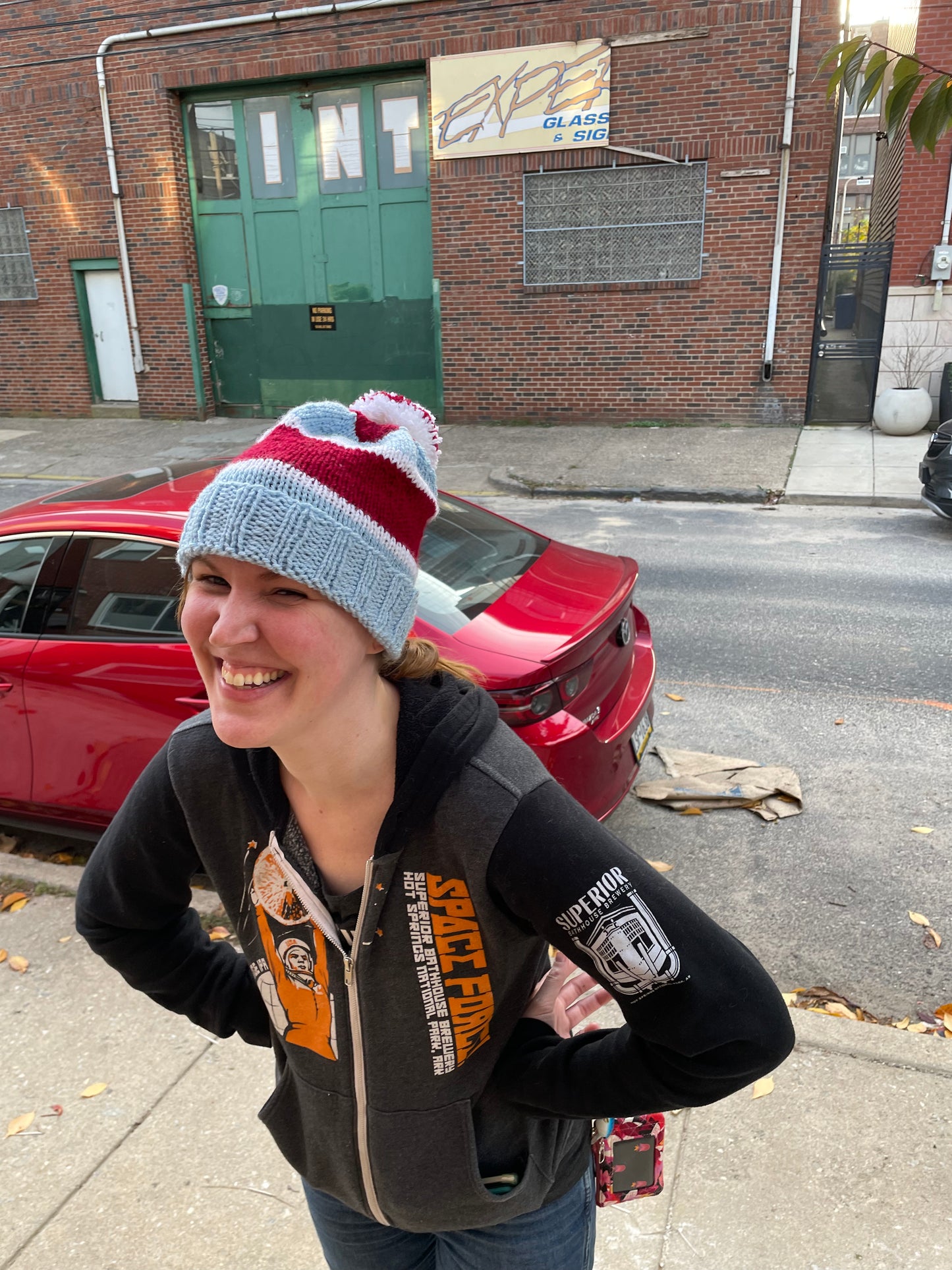 Philadelphia baseball pompom hand knit beanie