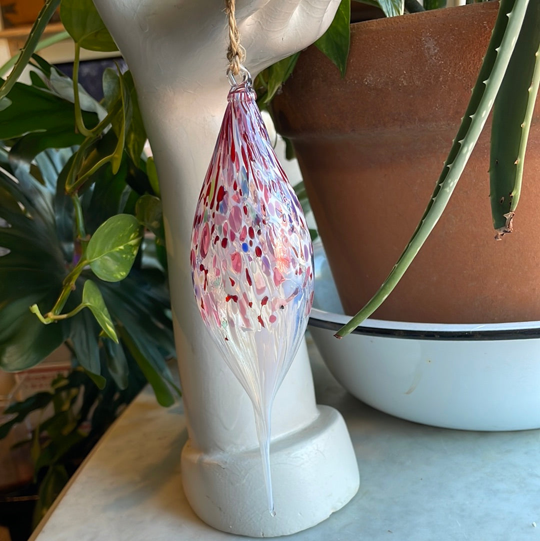 Pink and white Speckled Handblown glass finial ornament