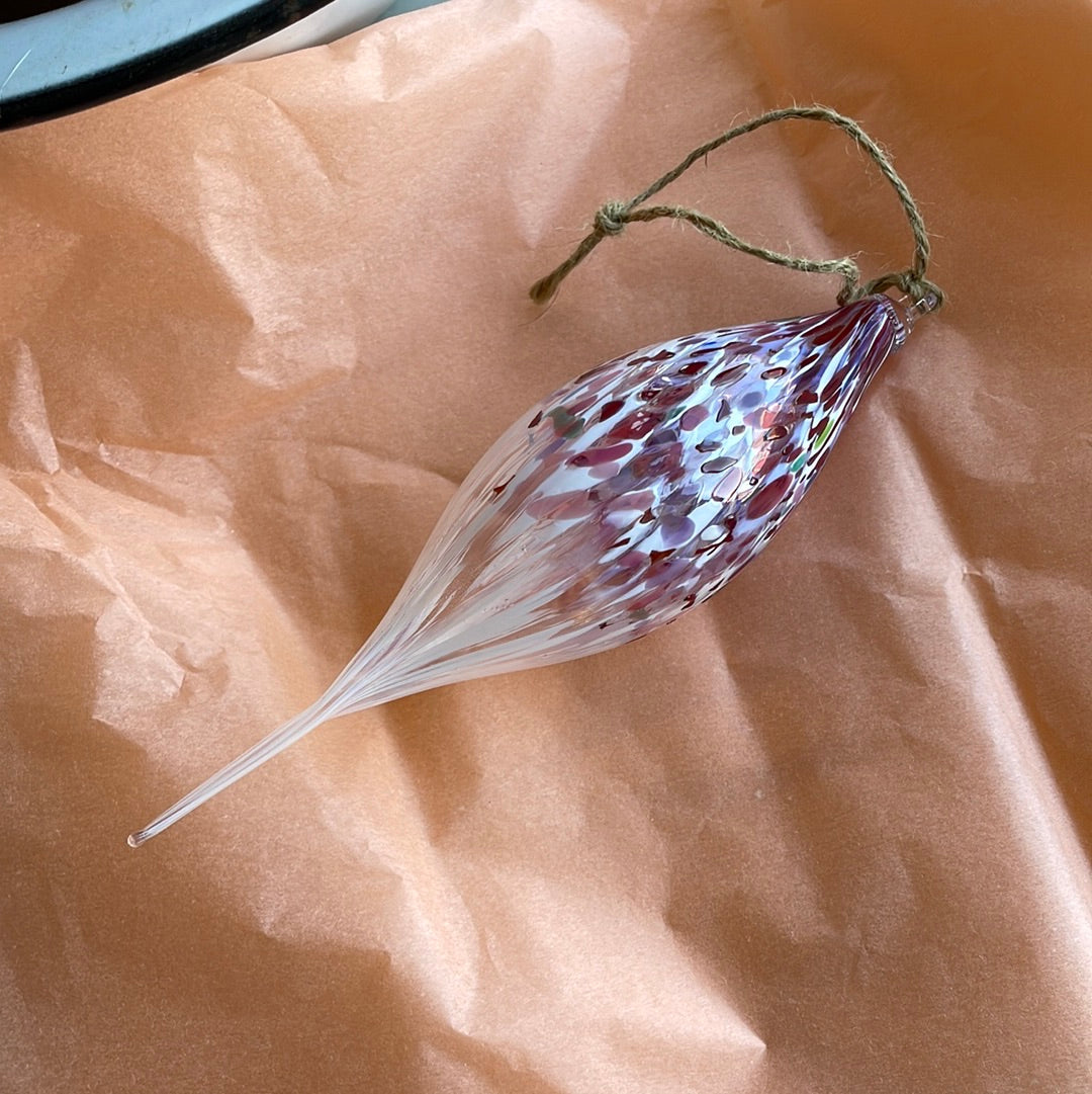 Pink and white Speckled Handblown glass finial ornament