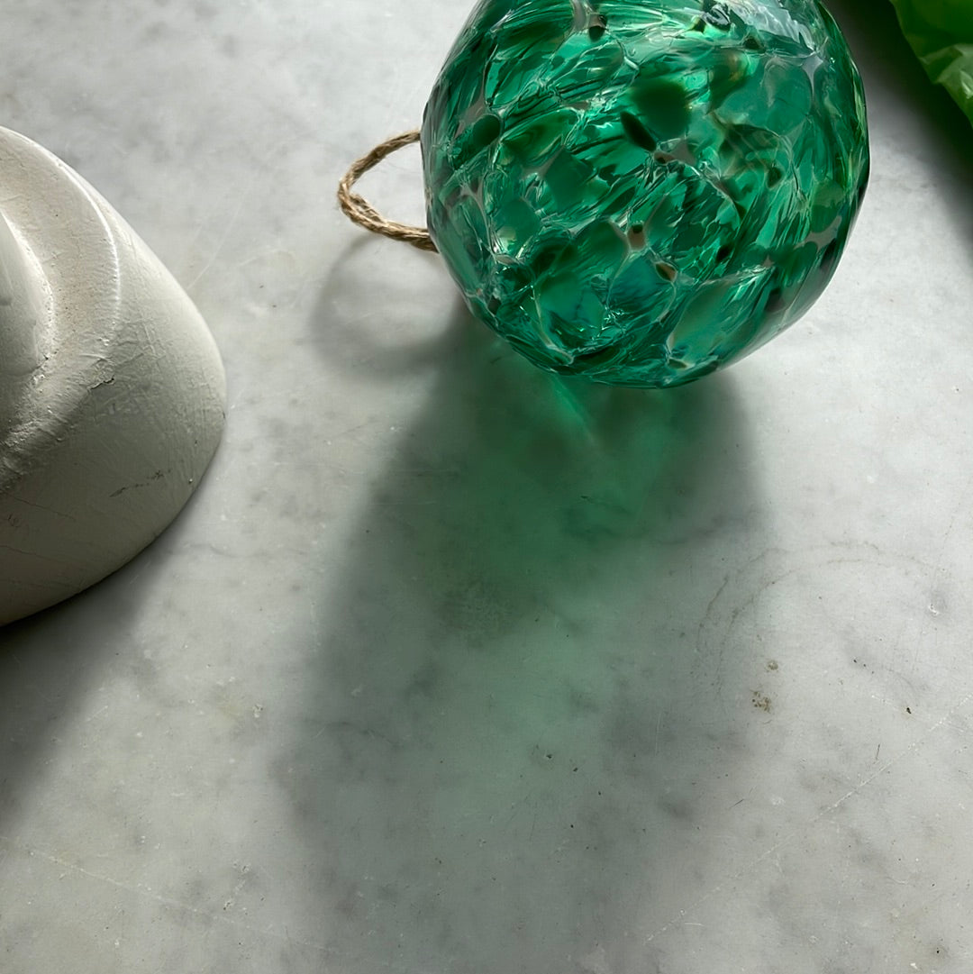 Green and white speckled Handblown glass orb ornament