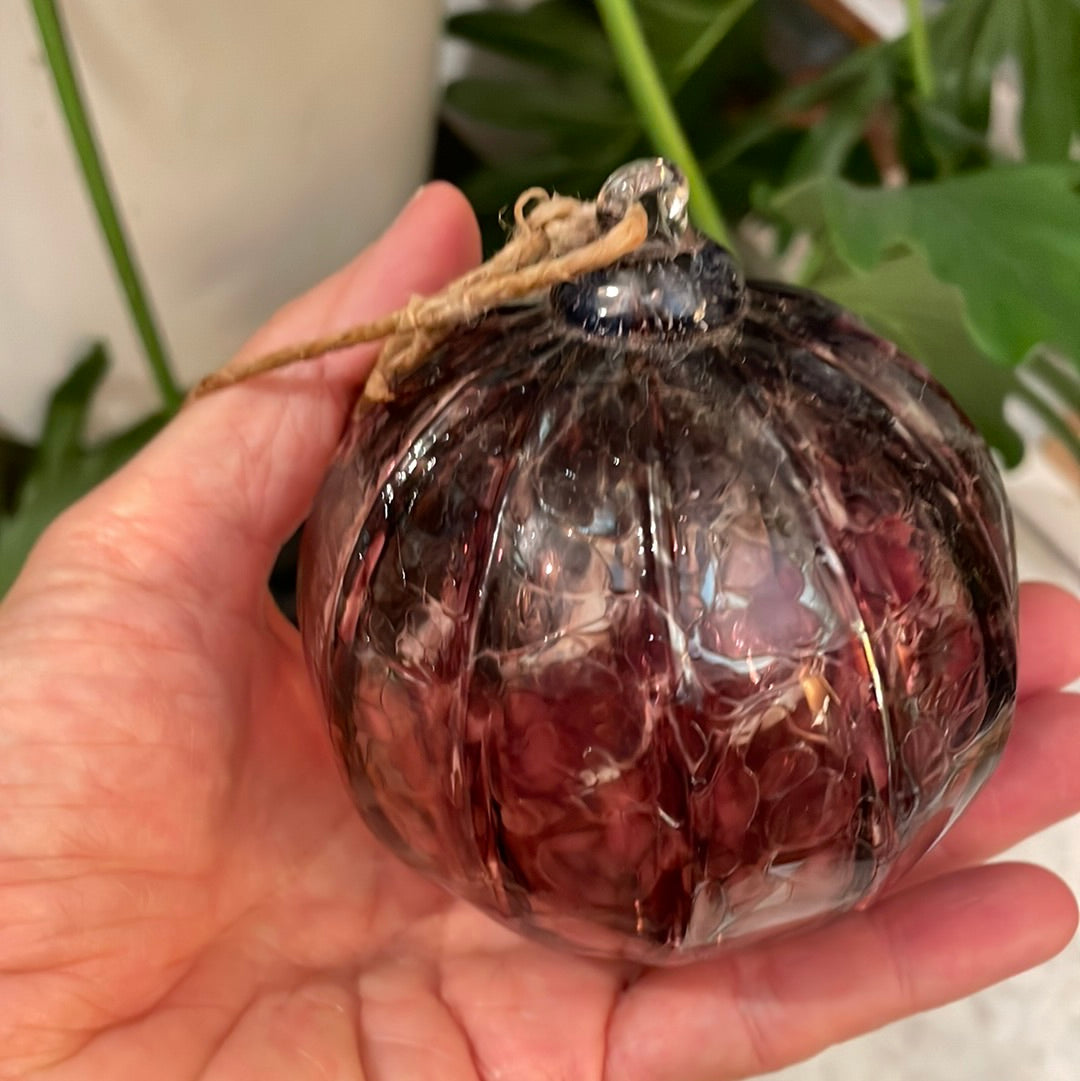 Iridescent purple ribbed Handblown glass orb with silver