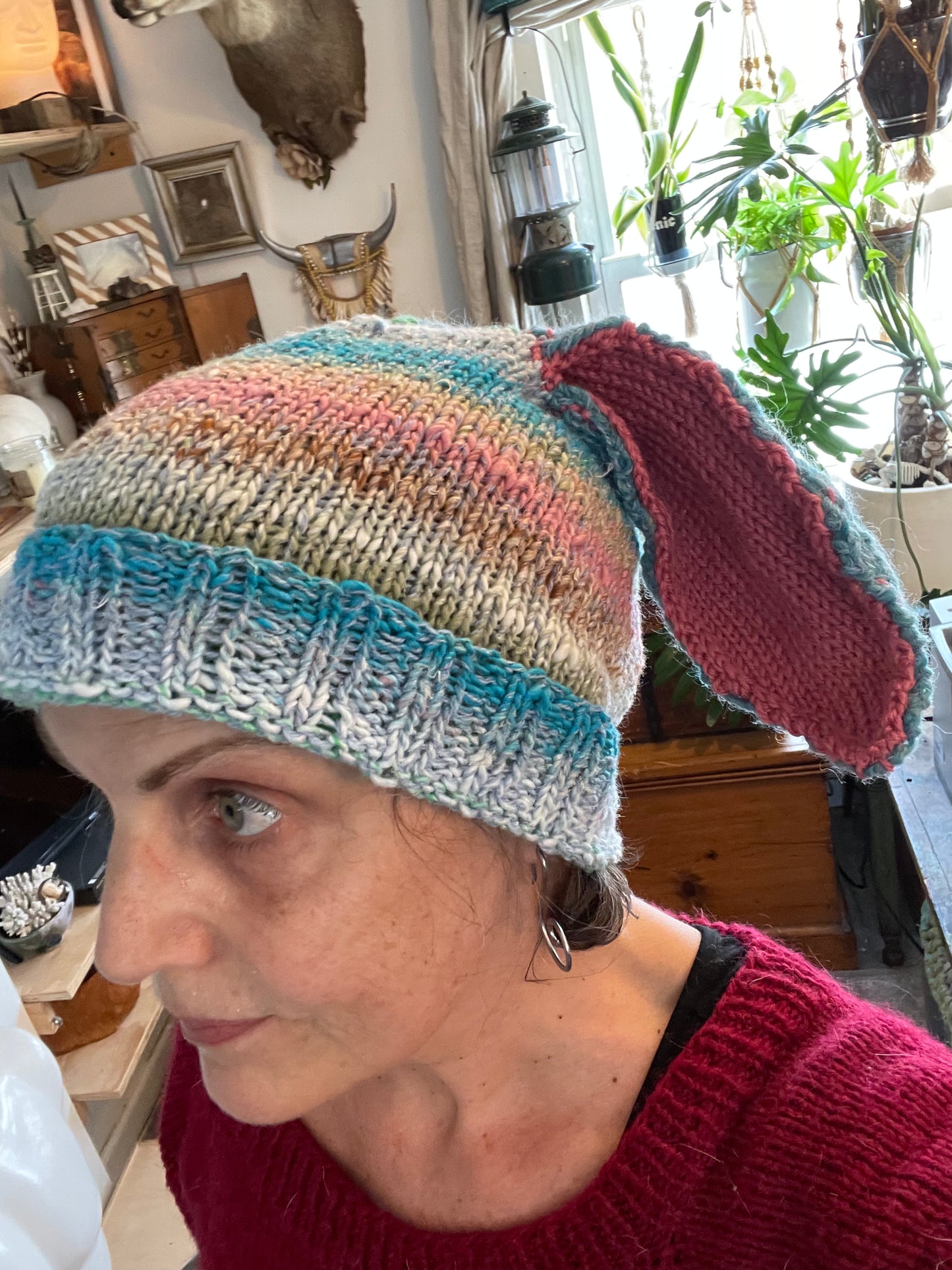 Hand knit Bunny Ears with rib trim