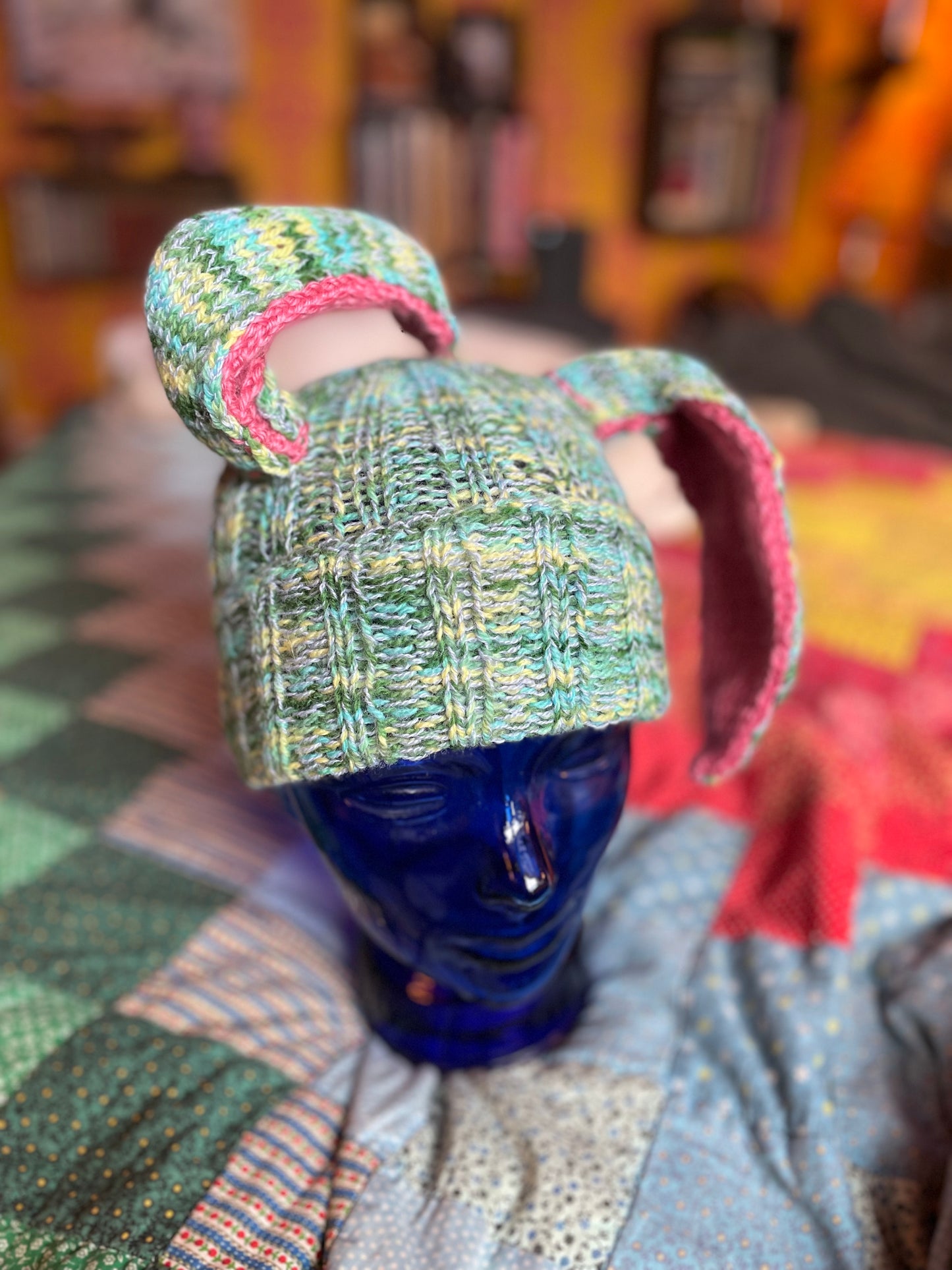 Hand knit Bunny Ears with rib trim