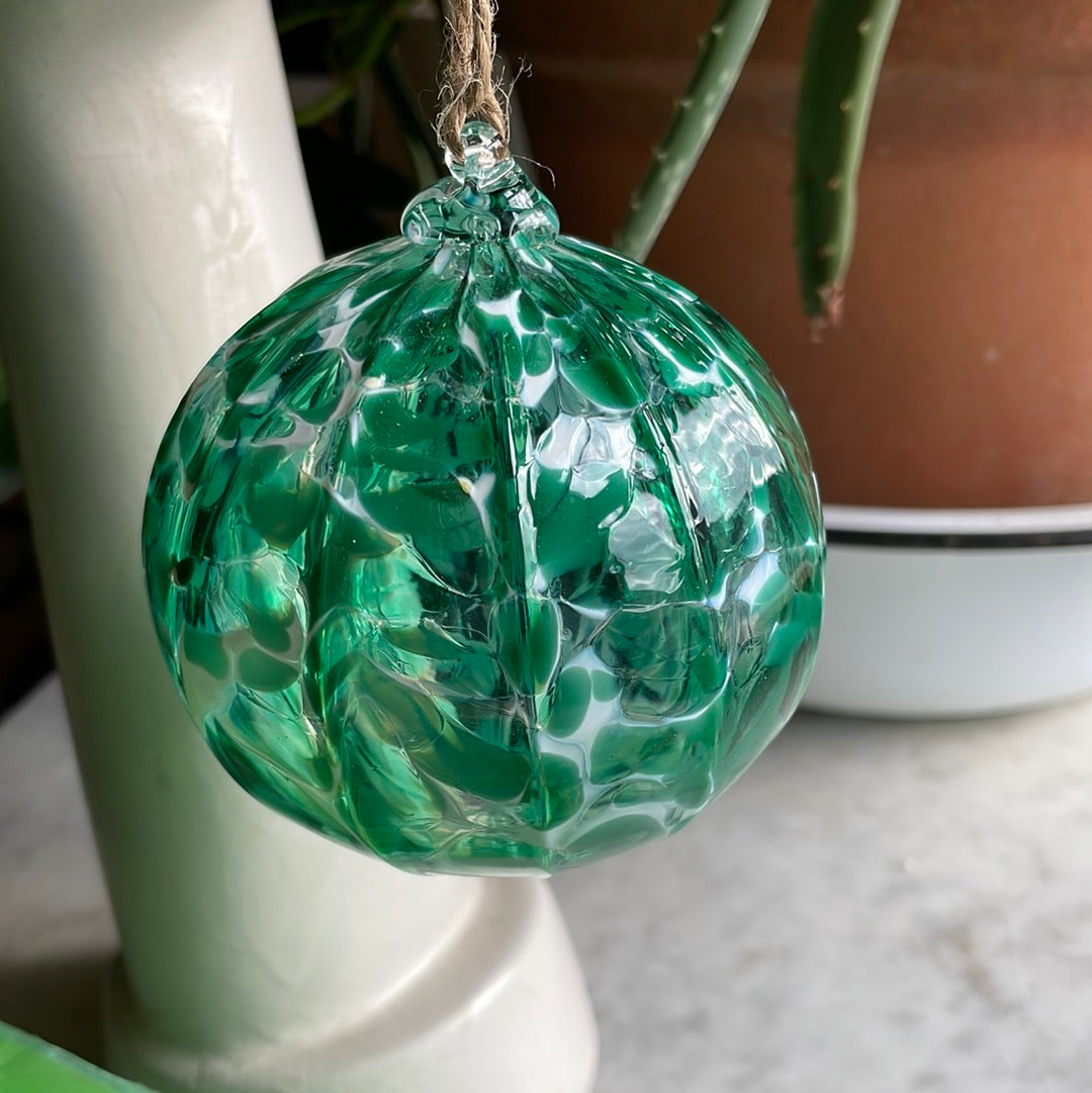 Green and white speckled Handblown glass orb ornament