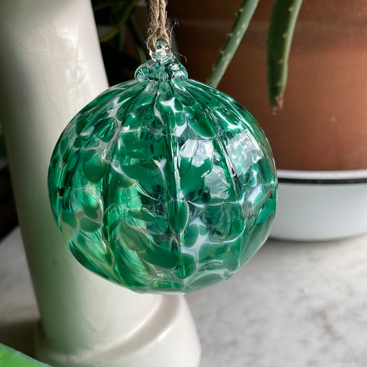 Green and white speckled Handblown glass orb ornament
