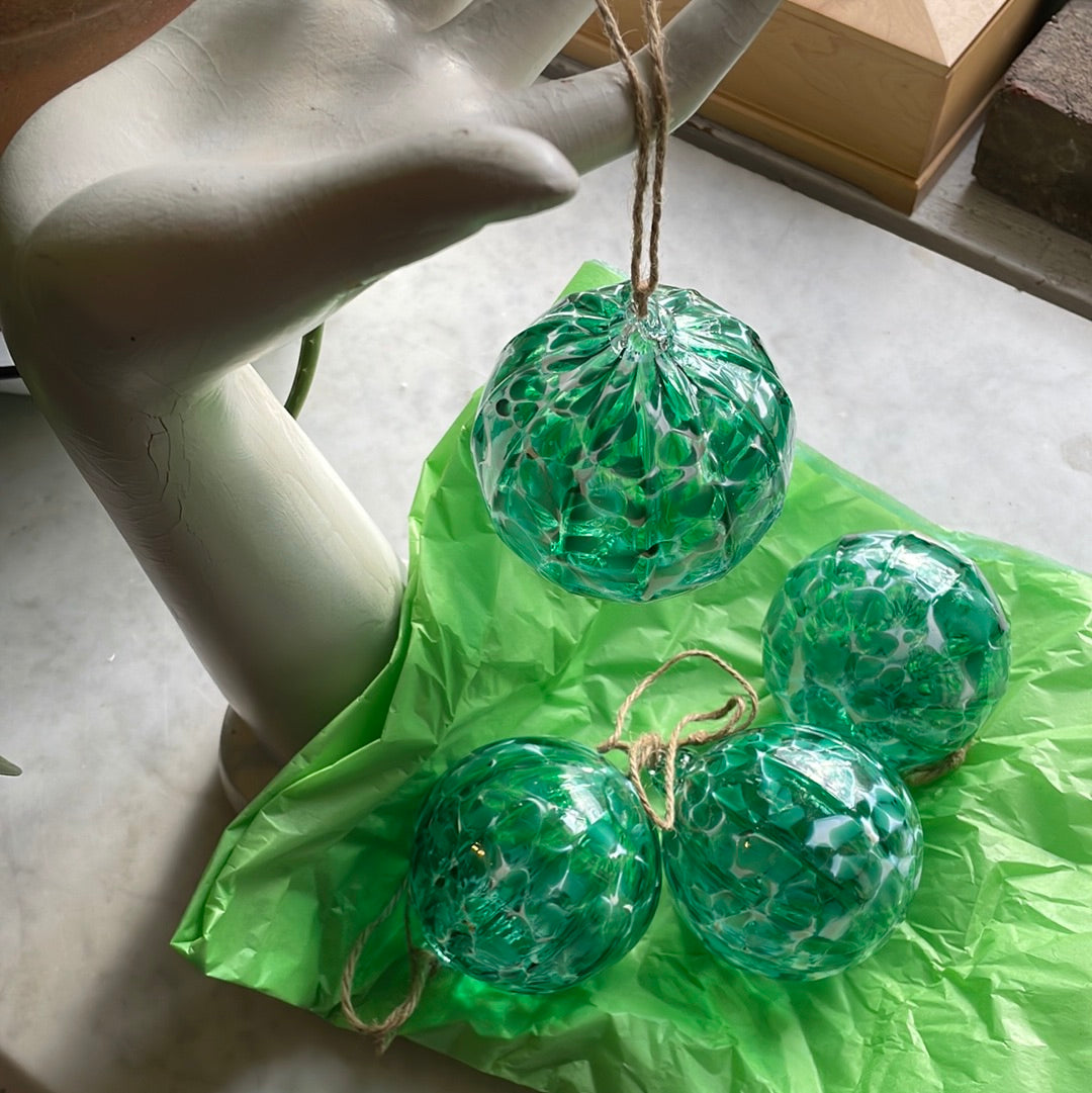 Green and white speckled Handblown glass orb ornament
