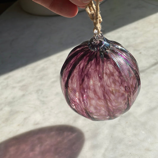 Iridescent purple ribbed Handblown glass orb with silver