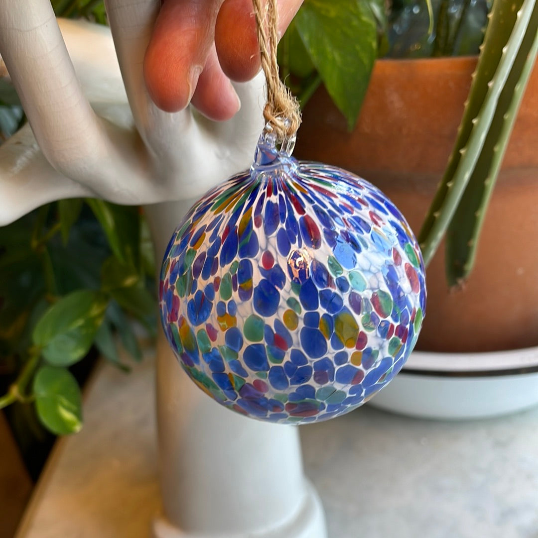 Blue speckled Hand blown glass orb ornament