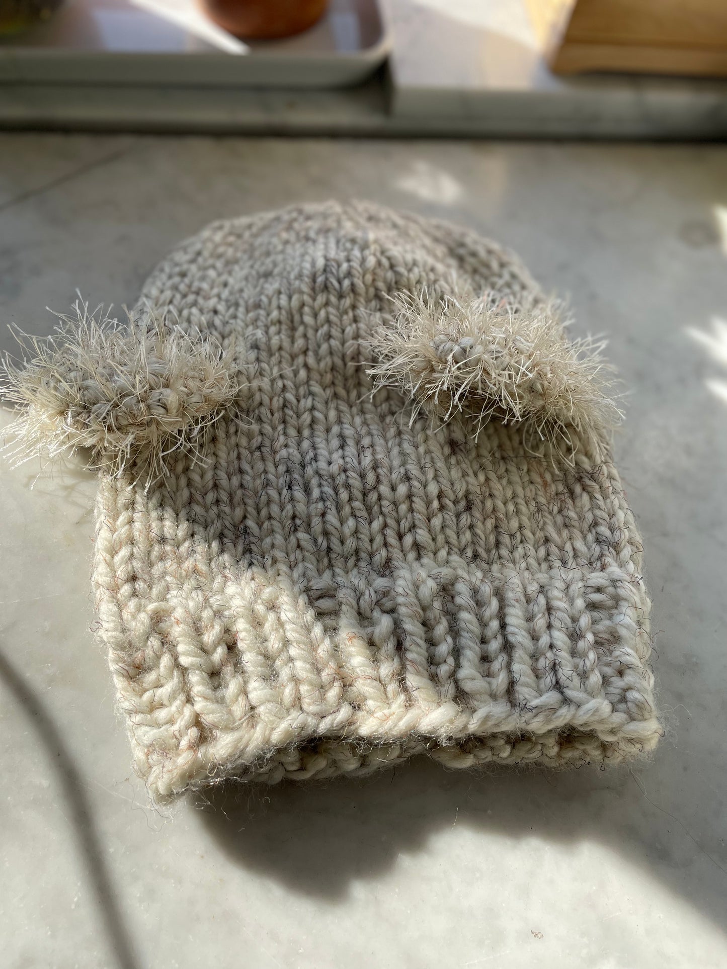 Chunky hand knit winter beanie with teddy bear ears