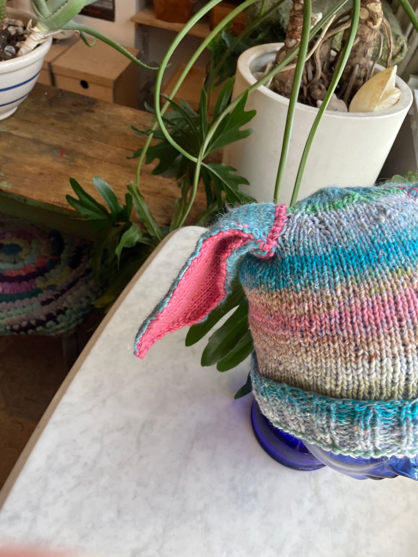 Hand knit Bunny Ears with rib trim