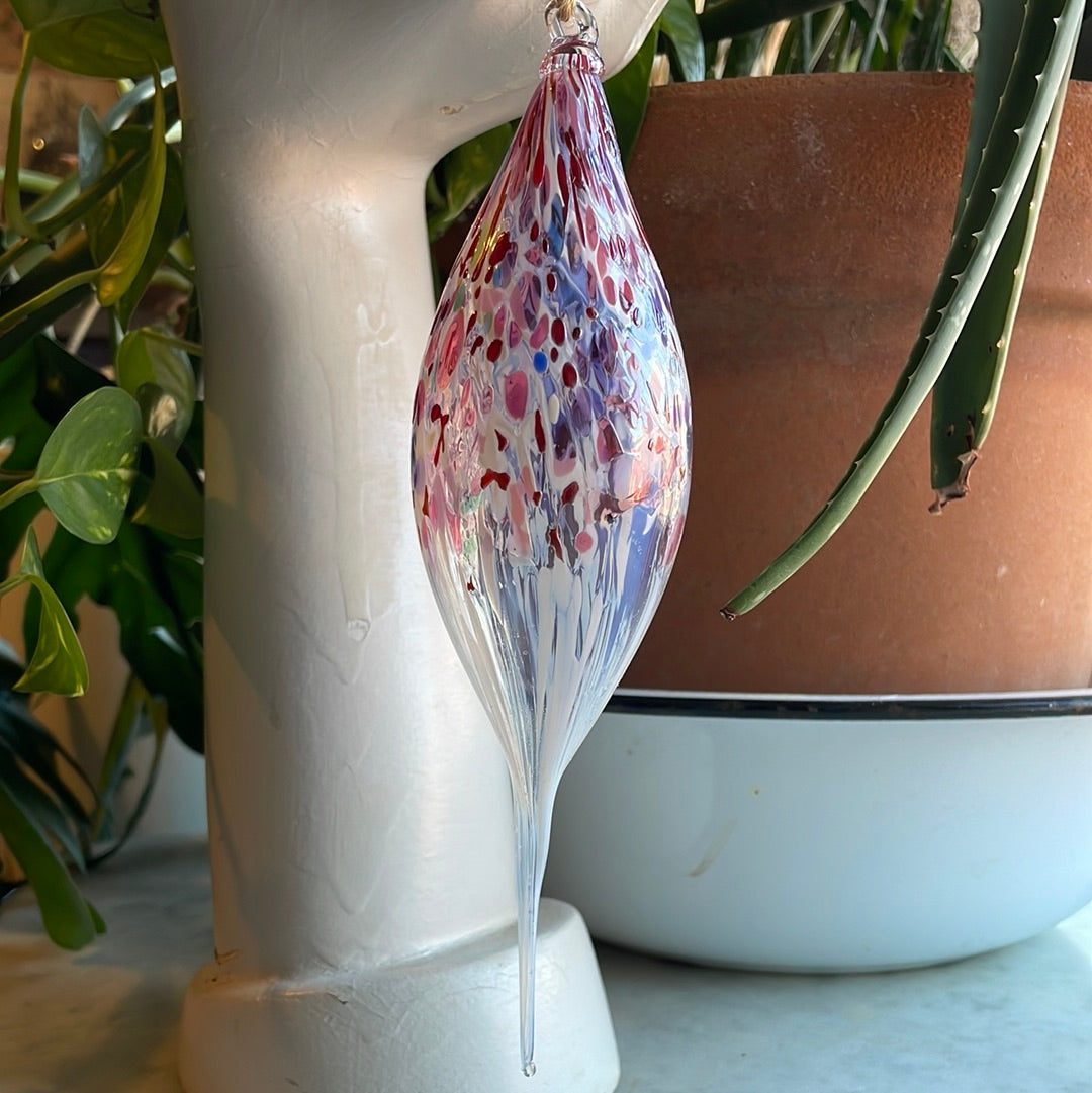Pink and white Speckled Handblown glass finial ornament