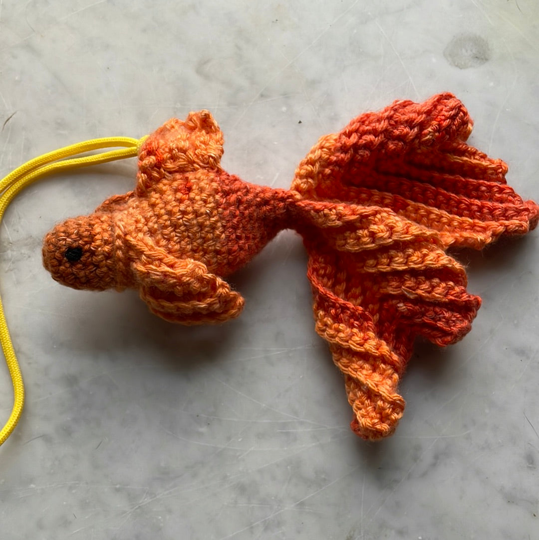 Hand crocheted fantail goldfish amigurumi toy