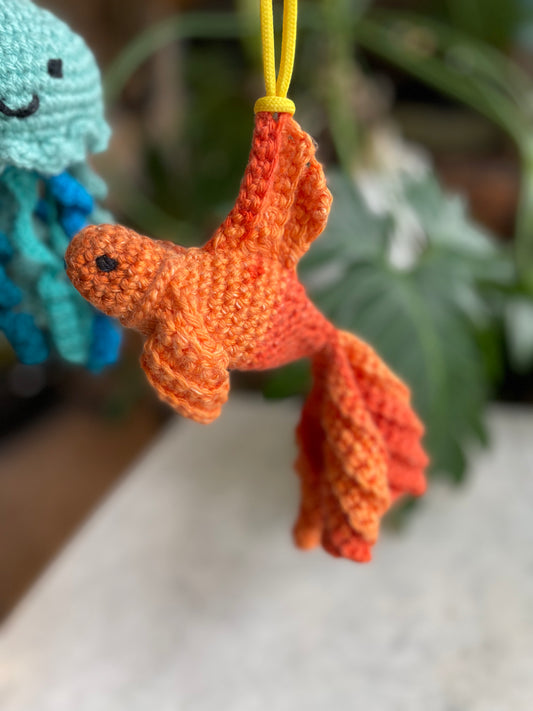 Hand crocheted fantail goldfish amigurumi toy