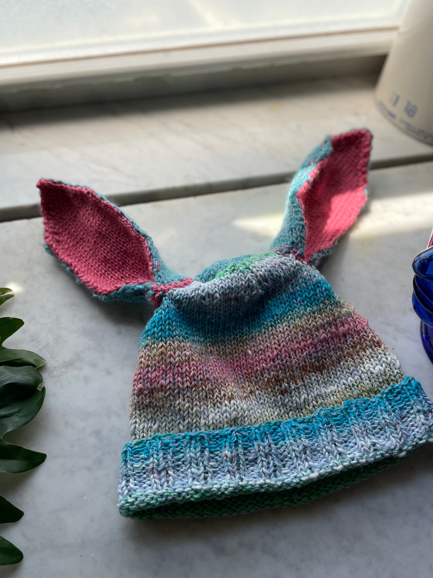Hand knit Bunny Ears with rib trim