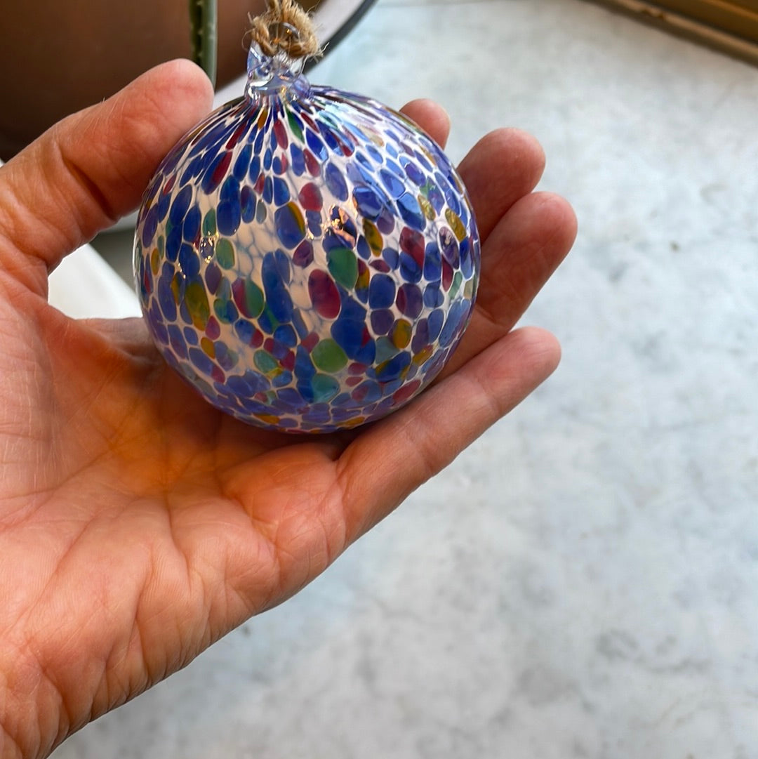 Blue speckled Hand blown glass orb ornament