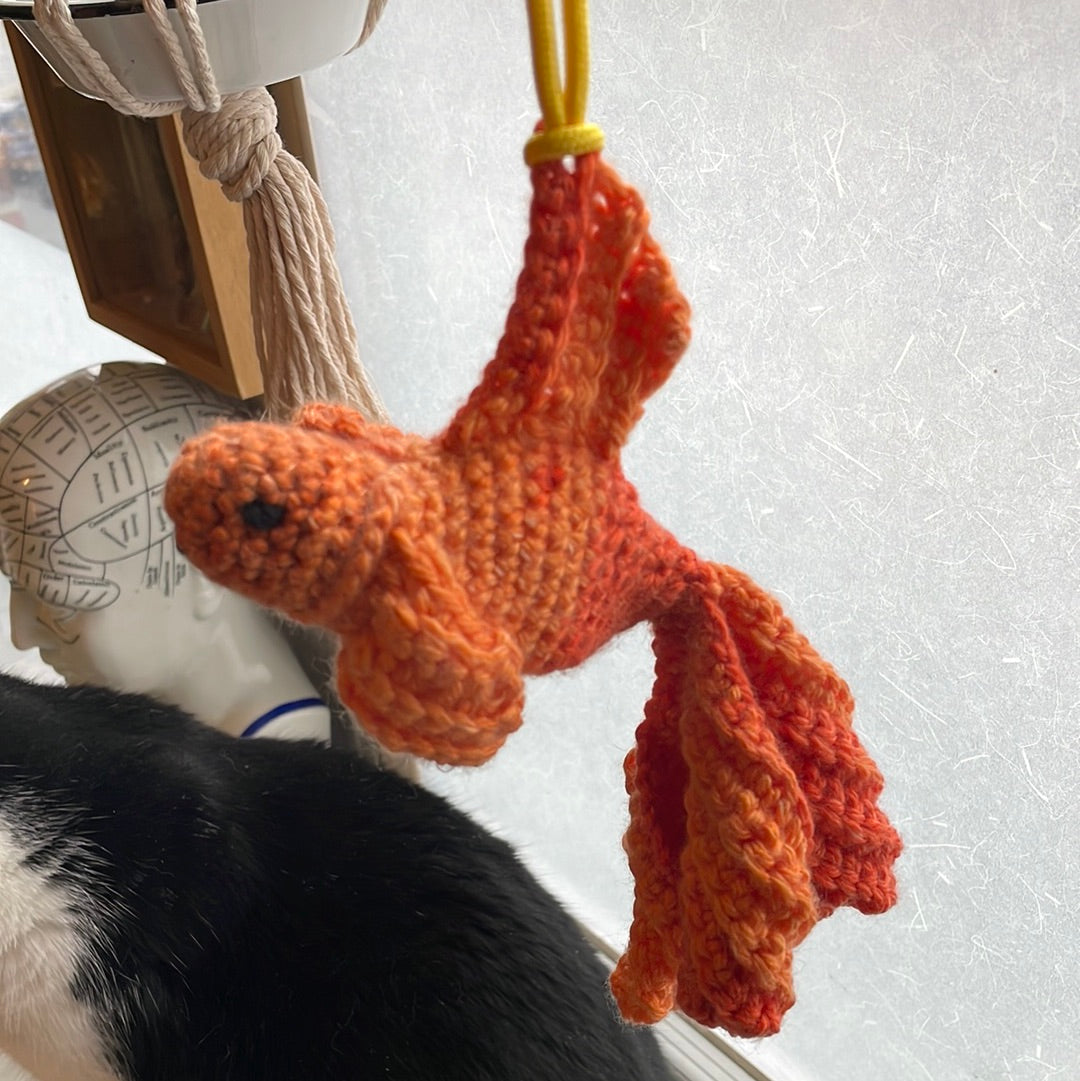 Hand crocheted fantail goldfish amigurumi toy